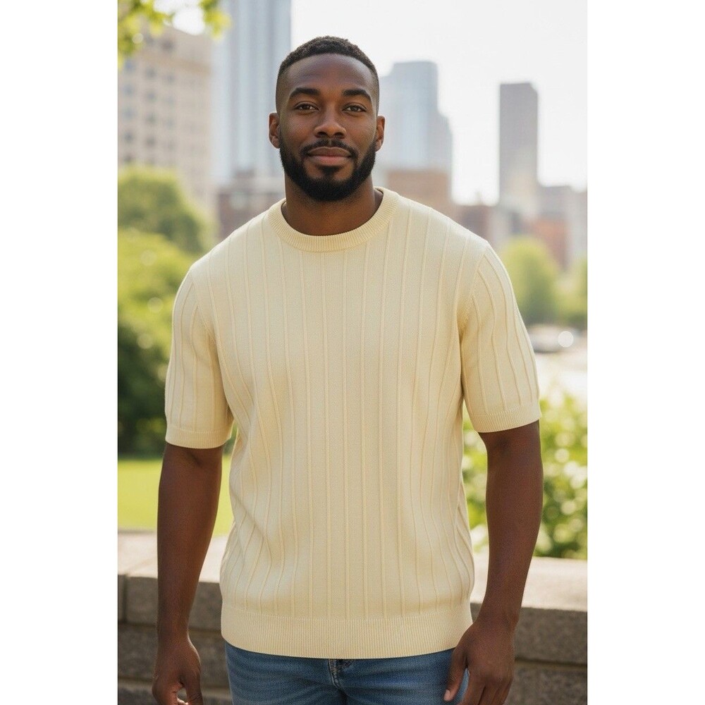 COOFANDY Men’s 2XL Ivory Ribbed Knit Short Sleeve Sweater Crewneck Pullover